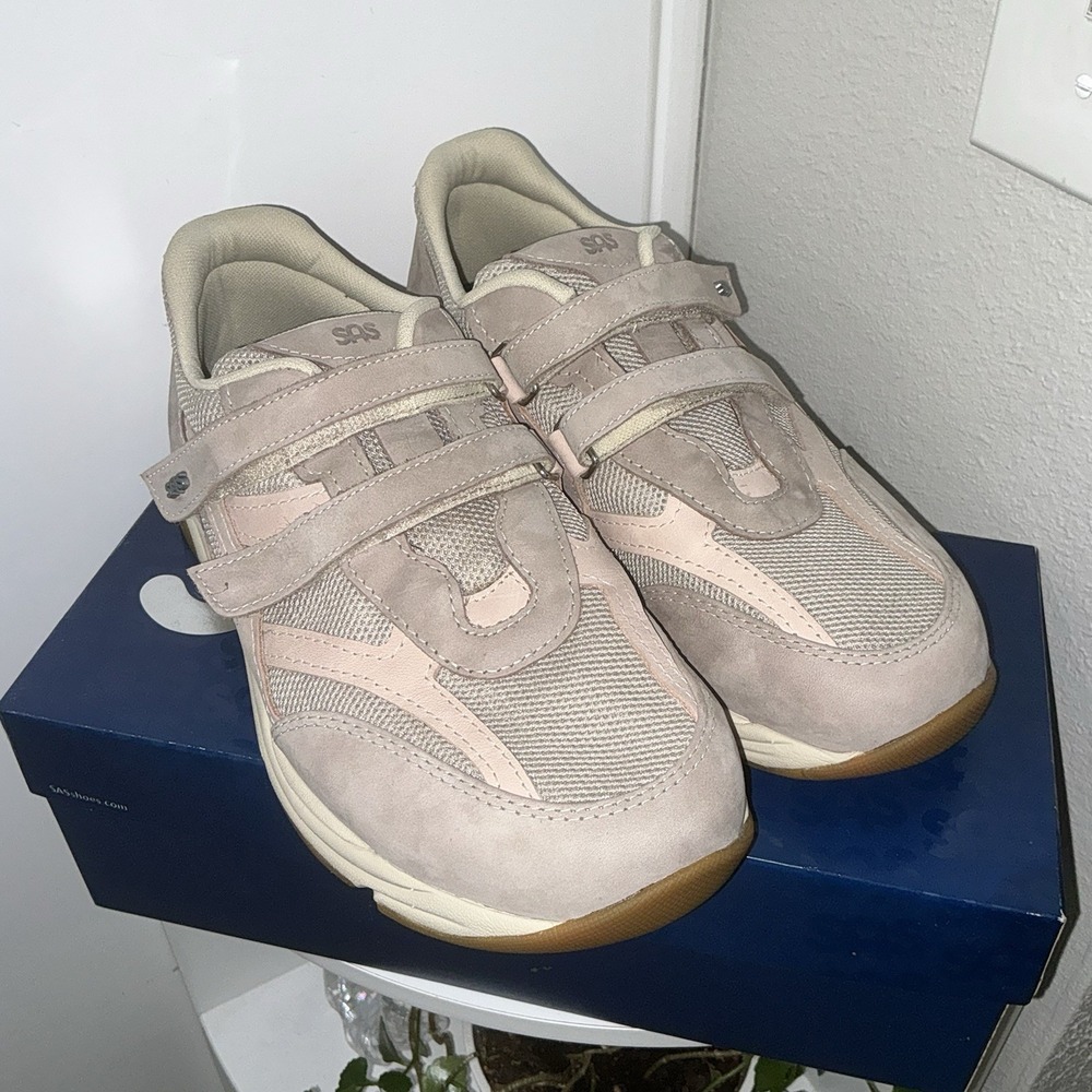 SAS Womens TMV Sneaker Size 8 WIDE Taupe Pink Suede Strap Walking Comfort Shoes